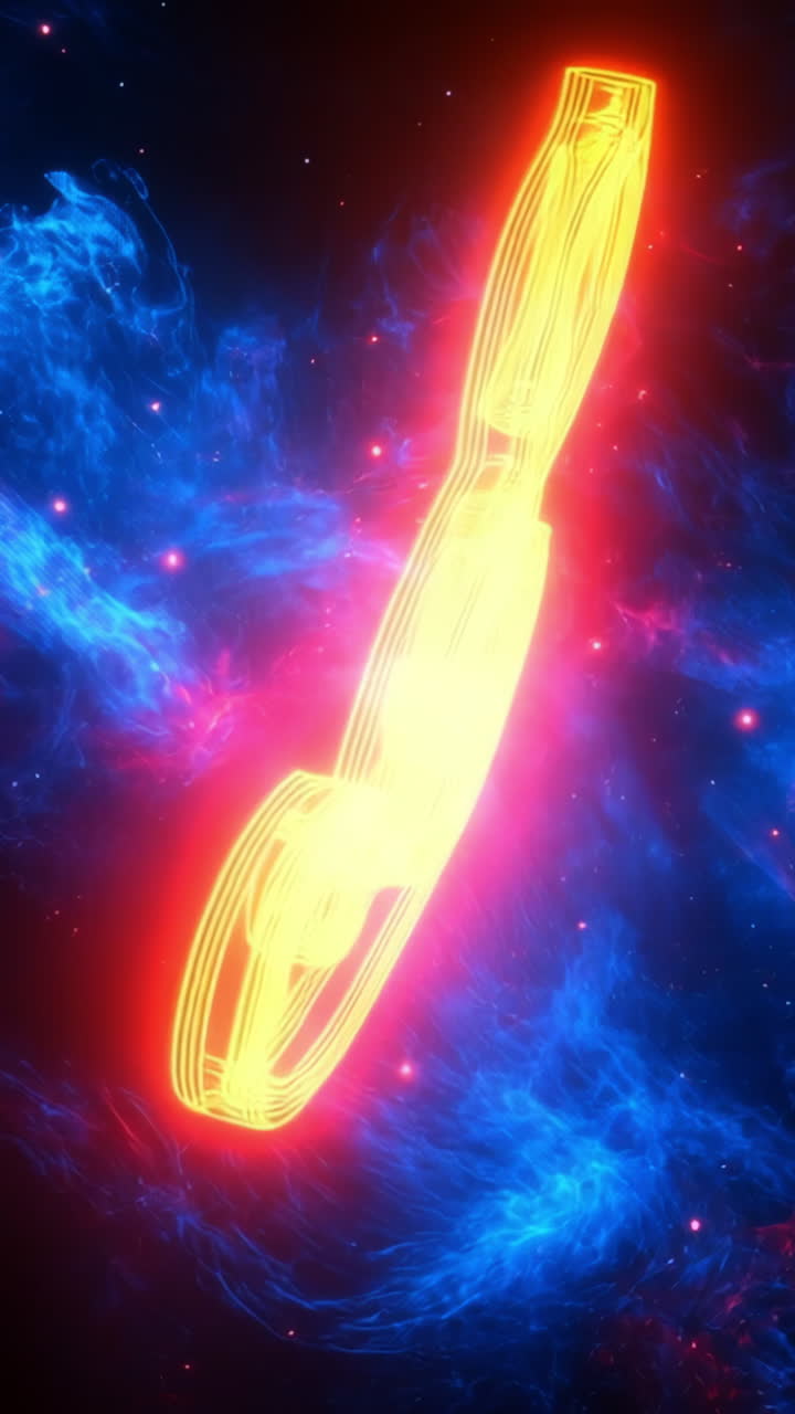 Colorful abstract music note in space. A glowing music note floats in vibrant cosmic colors within a dark universe, creating a captivating effect.