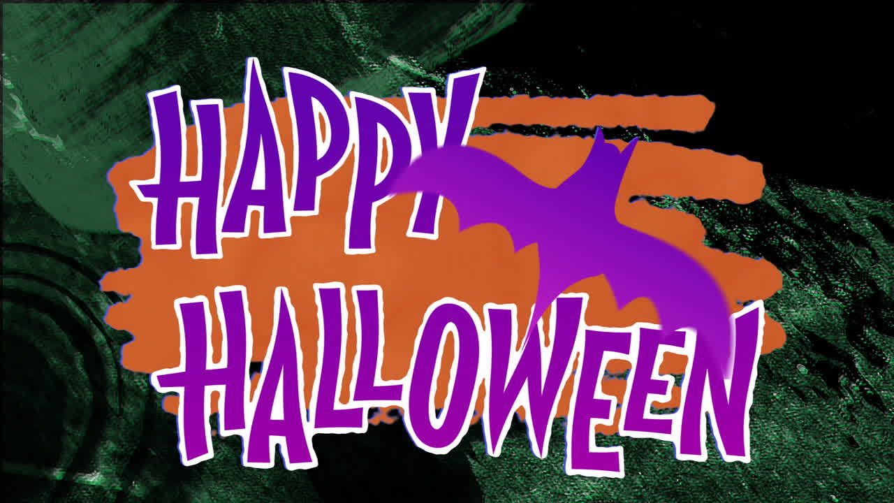 Animazione del testo "Happy Halloween" su pipistrello e sfondo rovinato