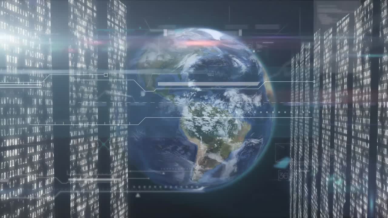 Animation of data processing over globe and computer servers in background
