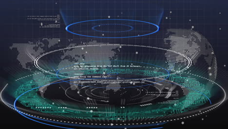 world map and digital interface elements, global data network animation