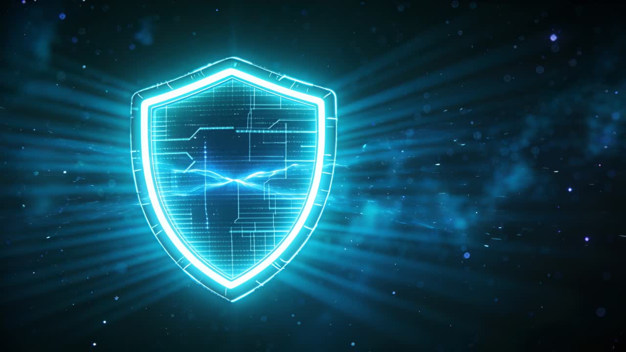 Receiving signal, neon cyan shield emblem charging in dark digital void, forming arcs and particles