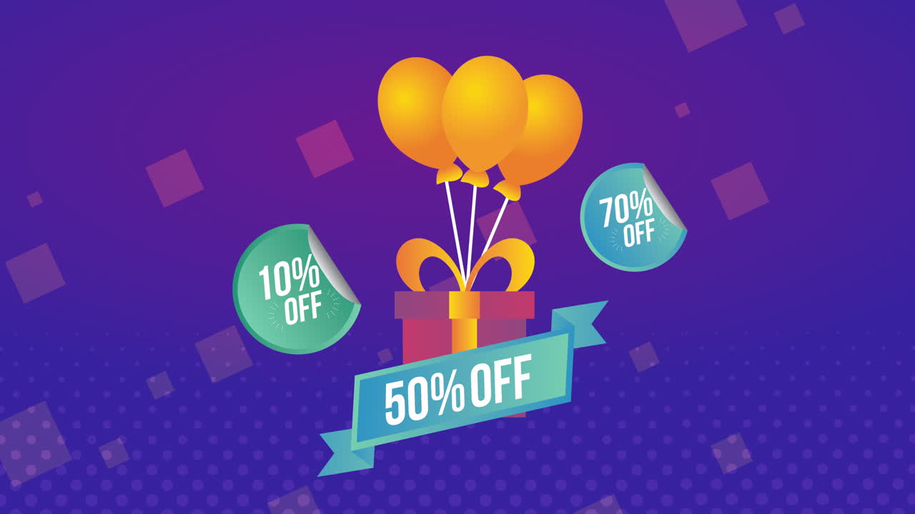 etiqueta comercial de venta con regalos y globos de helio