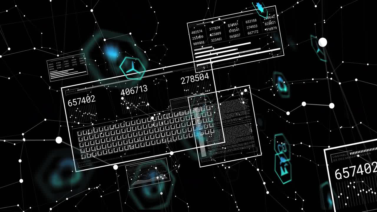 Keyboard panel materializing triggers numeric panels refreshing and icons pulsing in data loop