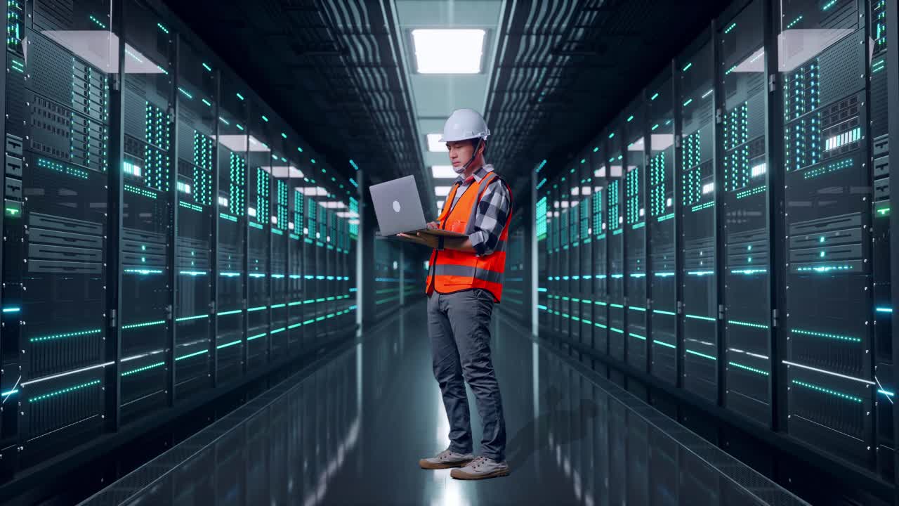 Full Body Side View Of Asian Male Engineer With Safety Helmet Working On A Laptop And Looking Around While Standing in Server Room Data Center