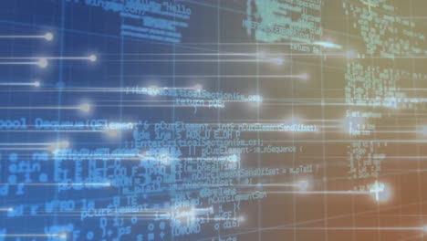 animación del procesamiento de datos sobre un fondo azul y naranja