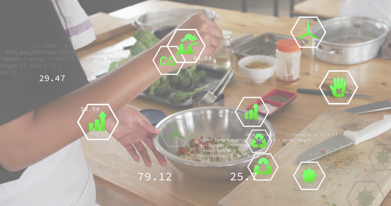 Home cook scooping seasoning and folding lettuce while monitoring animated sustainability metrics