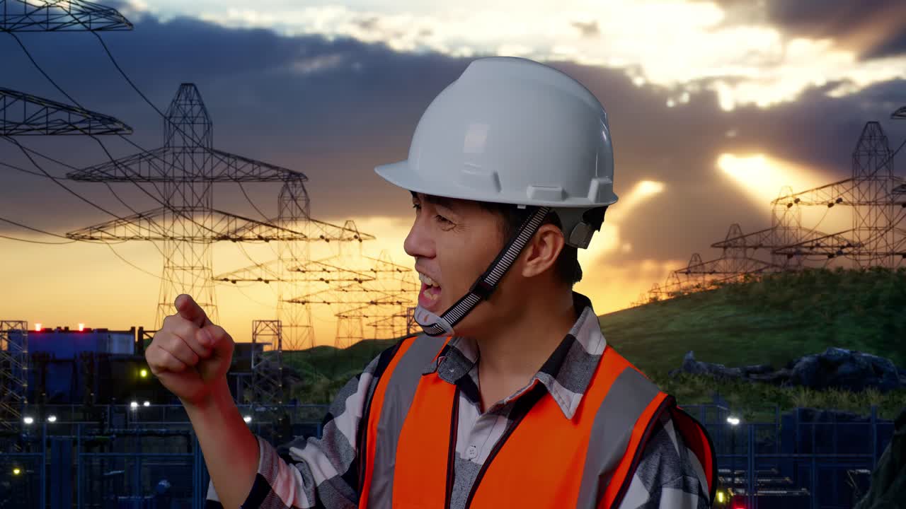Close Up Side View Of Angry Asian Male Engineer With Safety Helmet Shouting At Someone While Standing Near High Voltage Tower