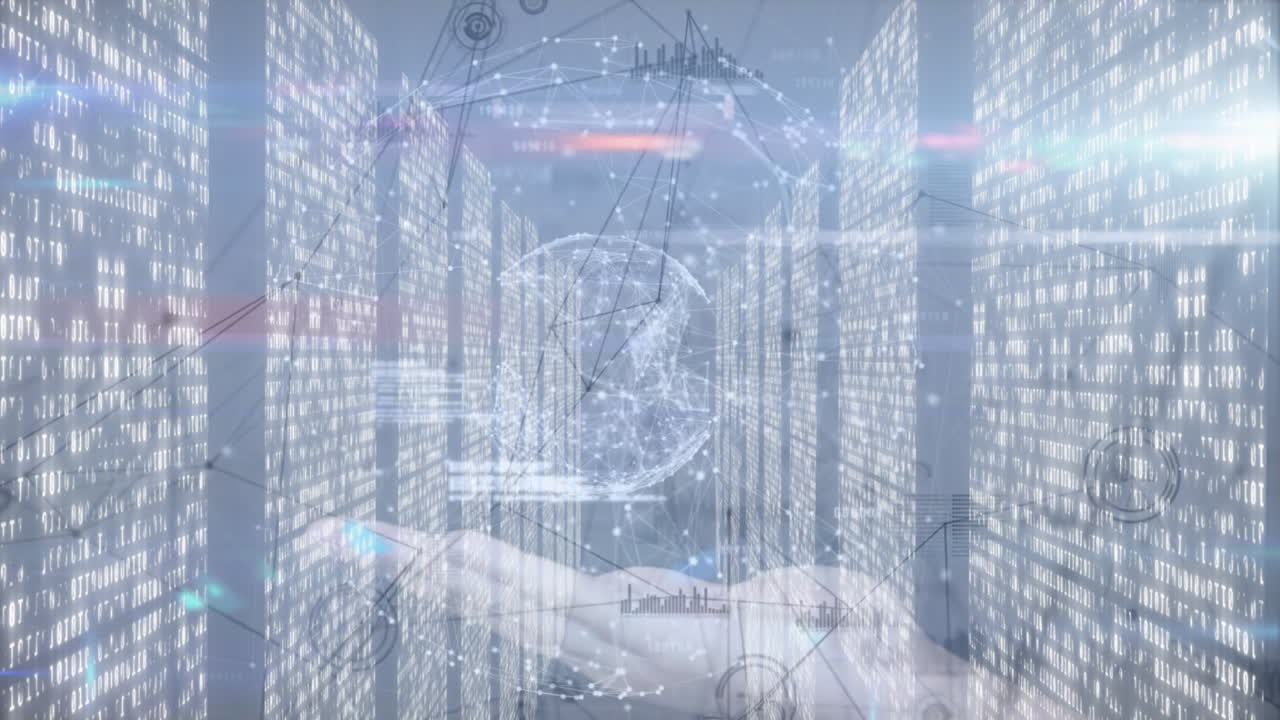 Digital network connections and data processing animation over server room