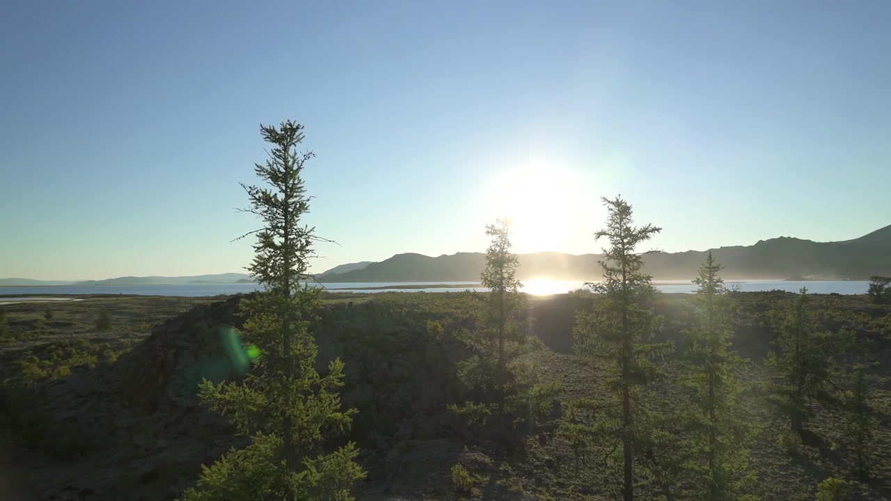 Naturskjønt landskap med bartrær og fjern innsjø ved solnedgang