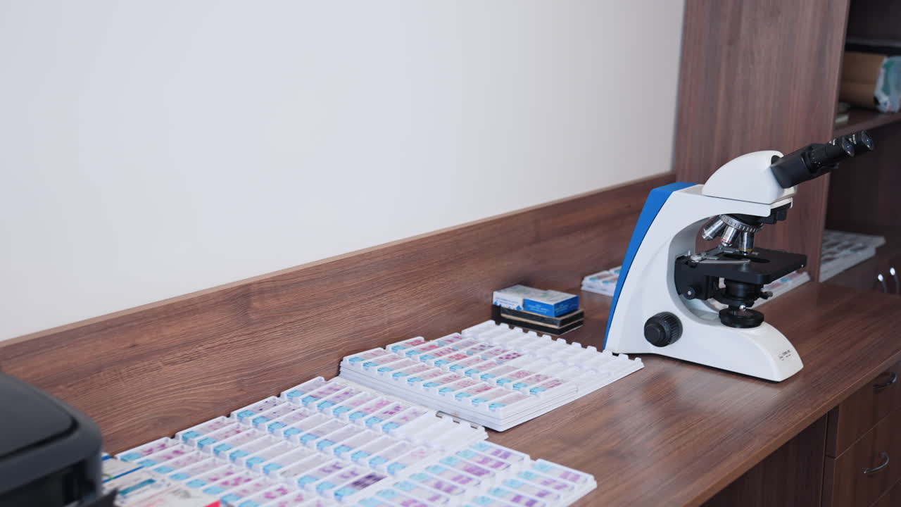 Modern microscope in the laboratory. View of microscope in medical and clinical laboratories