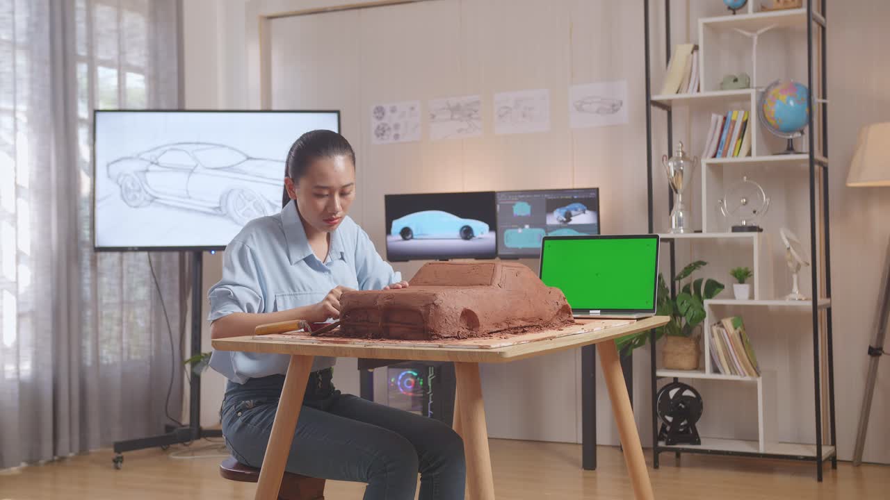 diseñadora automotriz asiática con portátil de pantalla verde mientras trabaja en la escultura de arcilla de automóvil en el estudio