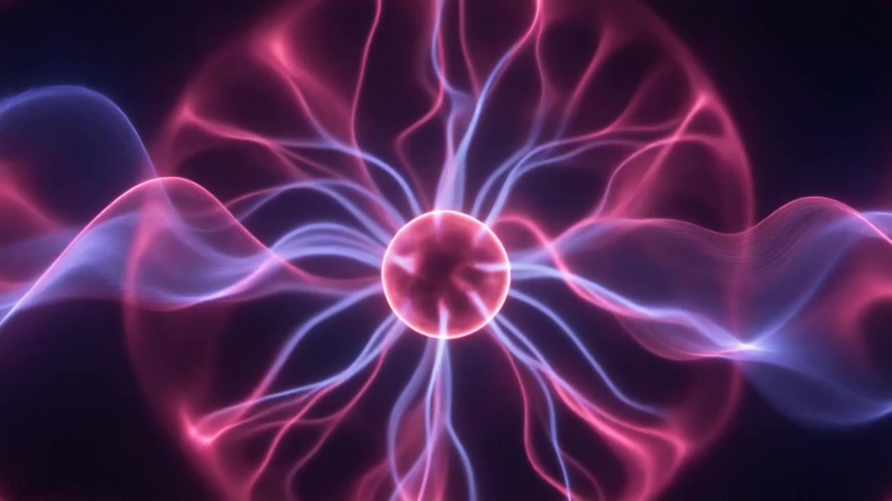 Sfera di plasma astratta con archi elettrici rosa e blu incandescenti