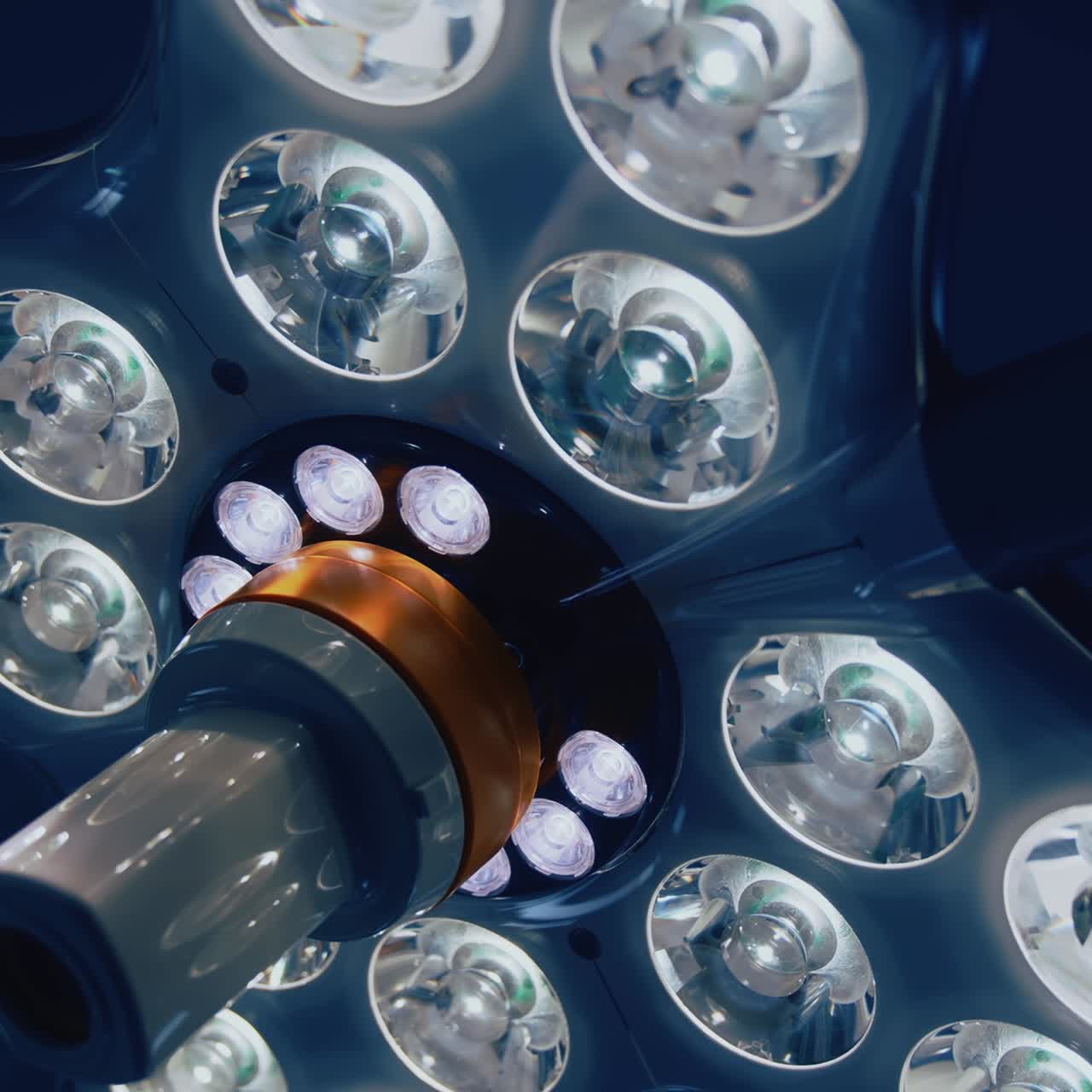 Hospital surgical lamp. Medical lightning equipment in the operating room. Bright lamp lights during surgery. Surgery department in hospital