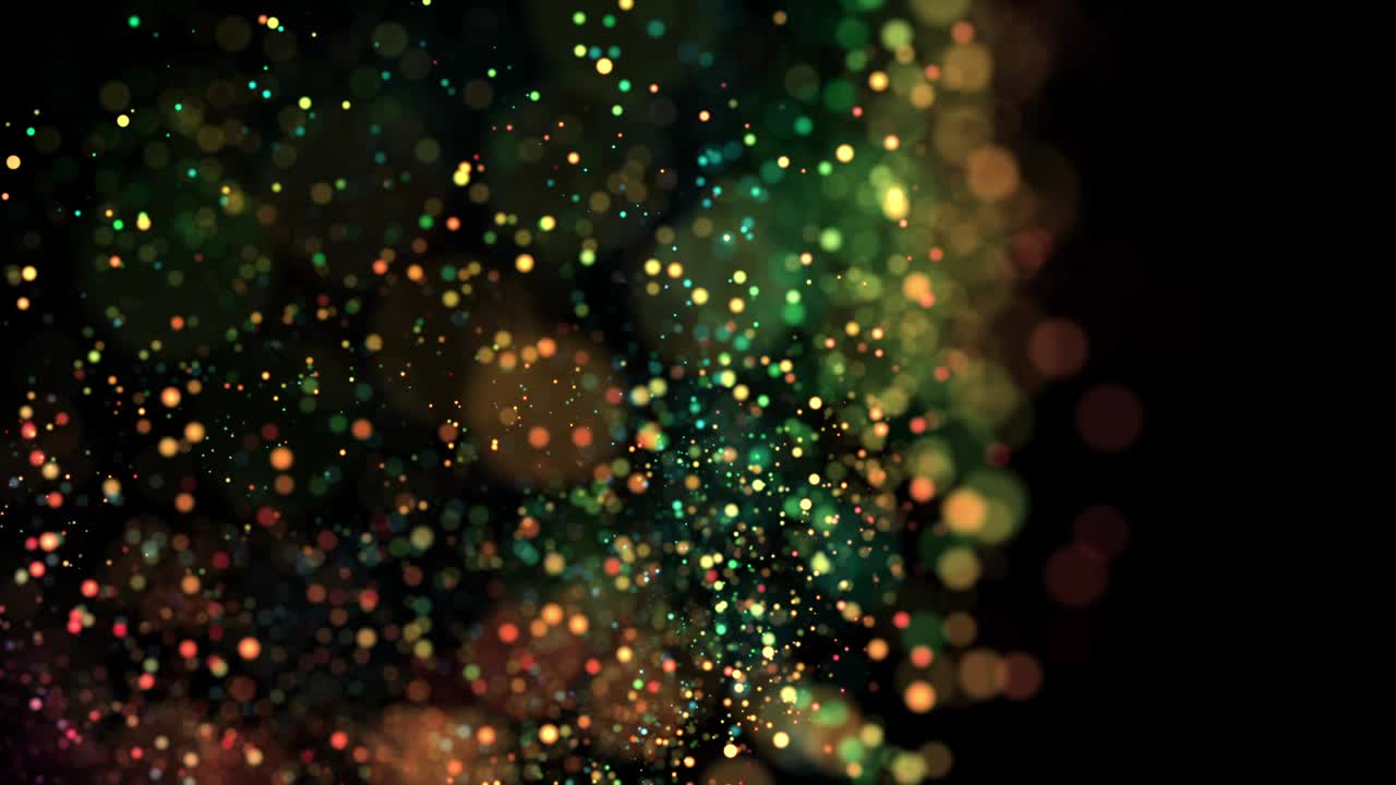 액체에 있는 다채로운 입자들이 떠다니며 반이는 4k 3d 아드션 배경은 반이는 입자, 검은색에 고립된 현장 깊이 및 보케를 가지고 있습니다.