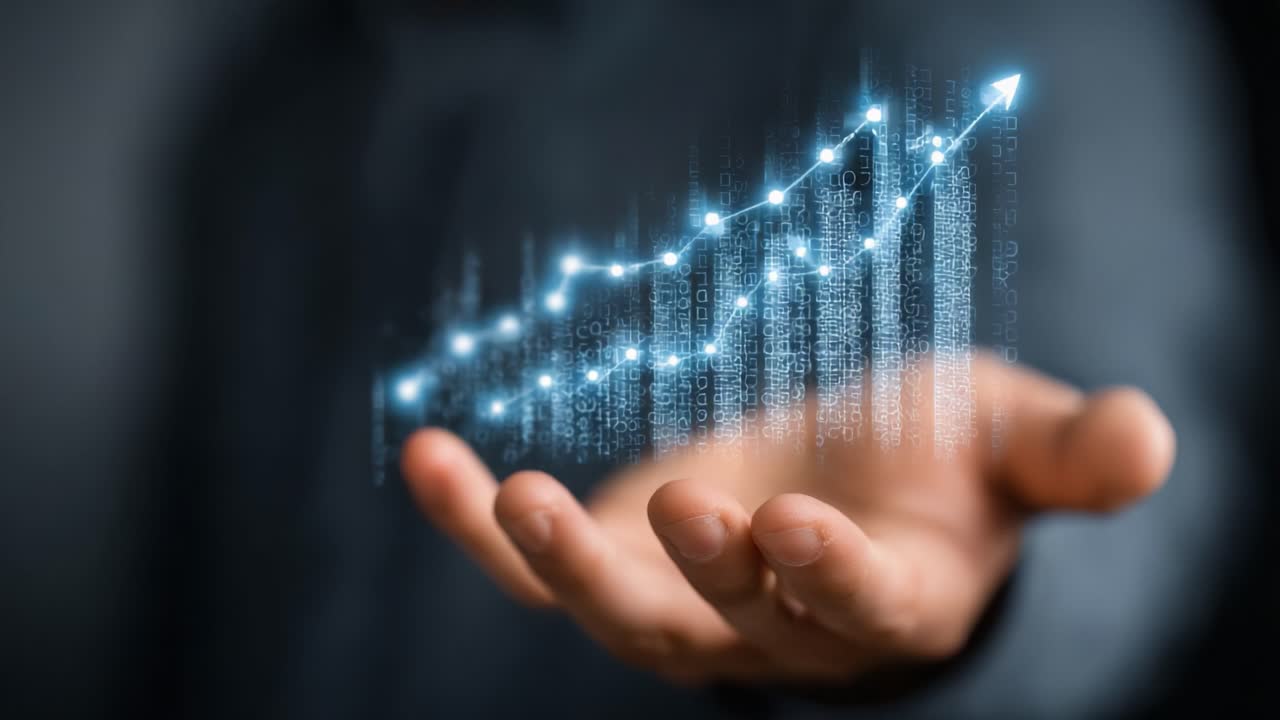 Visual Representation of Data Trends: A Digital Graph Emerging from a Hand Symbolizing Growth, Progress, and Analytics in Modern Business and Technology