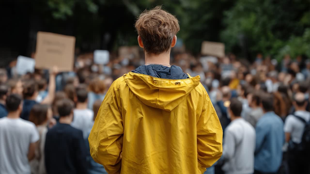 A Young Individual in a Yellow Jacket Observes a Large Gathering of Activists, Expressing Their Voices Through Signs in a Lively Outdoor Scene
