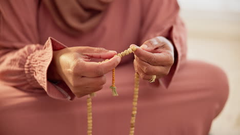 islamic, beads or hands of person in prayer to god