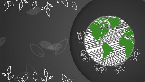 bicycles move around planet earth. plant ornament on black background. looped animation with empty space for text.