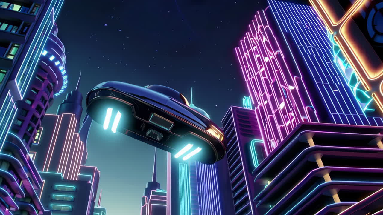 밤에는 날아다니는 자동차가 있는 네온 미래주의 도시