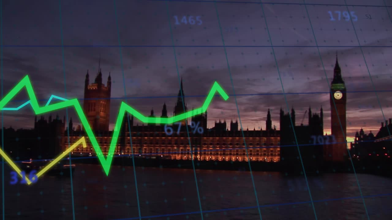 런던 시내 풍경 위의 선으로 금융 데이터 처리의 애니메이션