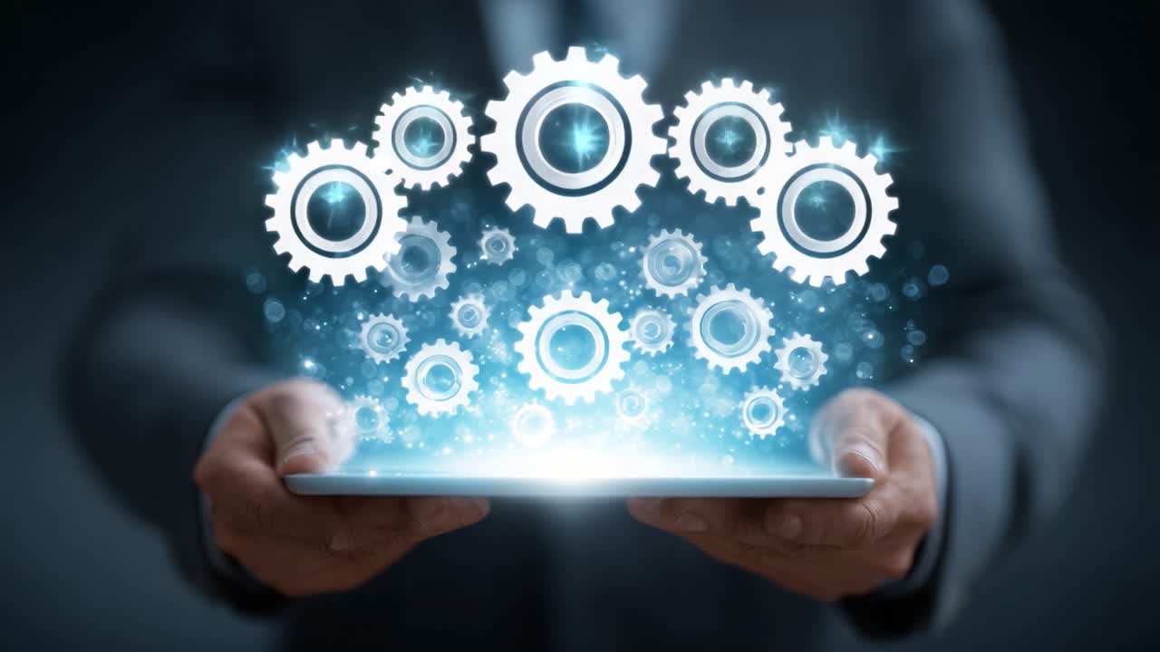 An Individual Holding a Tablet with Floating Gears and Sparkles, Symbolizing Innovation, Technology, and Automation in a Digital Era
