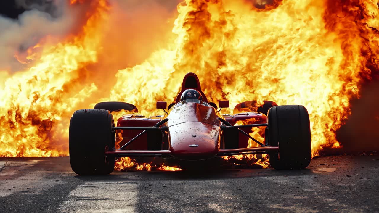 레이스 트랙에서 불타는 빨간 레이스카