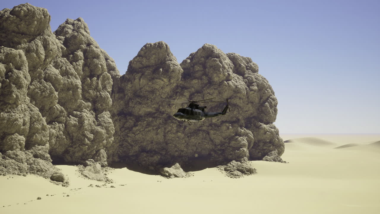 Helicopter flying near rocky formations in a vast desert landscape