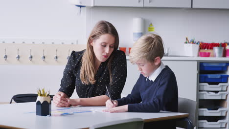 female primary school teacher and schoolboy working one on one in classroom, looking down, close up