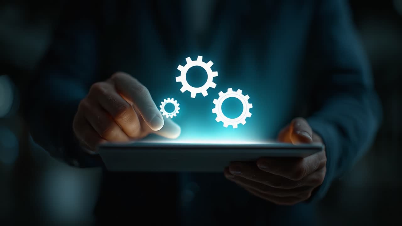 Innovative Technology: A Professional Using a Tablet to Interact with Digital Gears for Optimizing Processes and Enhancing Productivity in a Modern Workspace