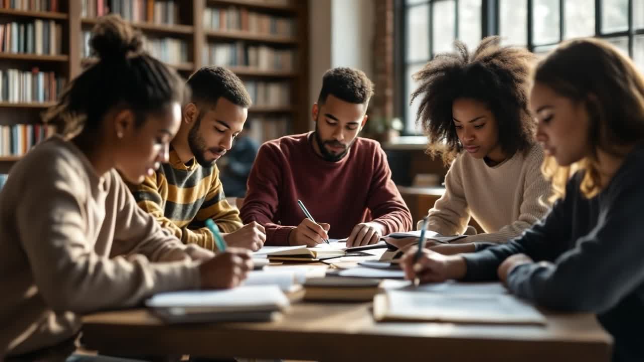 Diverse Students Engaged in Group Study in a Library