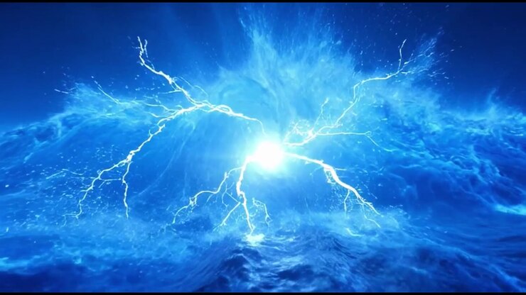 Animação Abstrata de Relâmpago Elétrico Atingindo Ondas Turbulentas do Oceano Azul