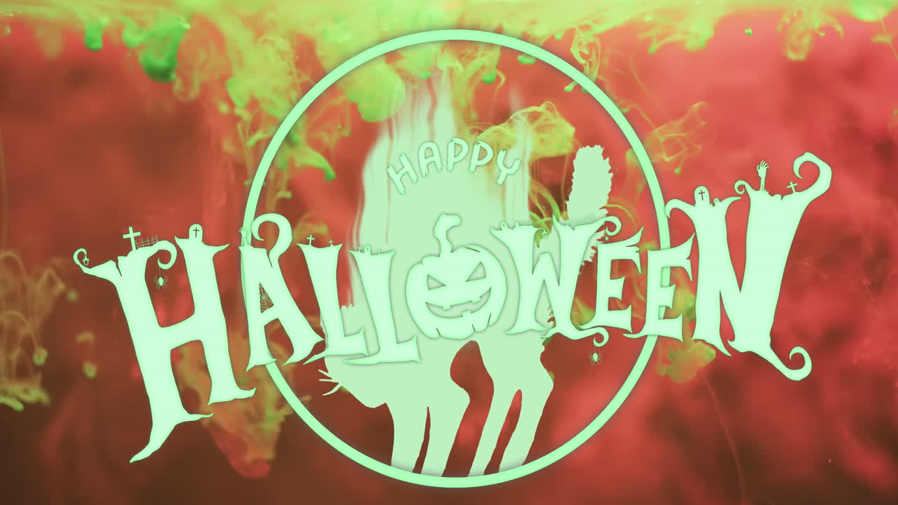 오렌지색 배경 위의 행복한 할로윈 텍스트와 고양이의 애니메이션