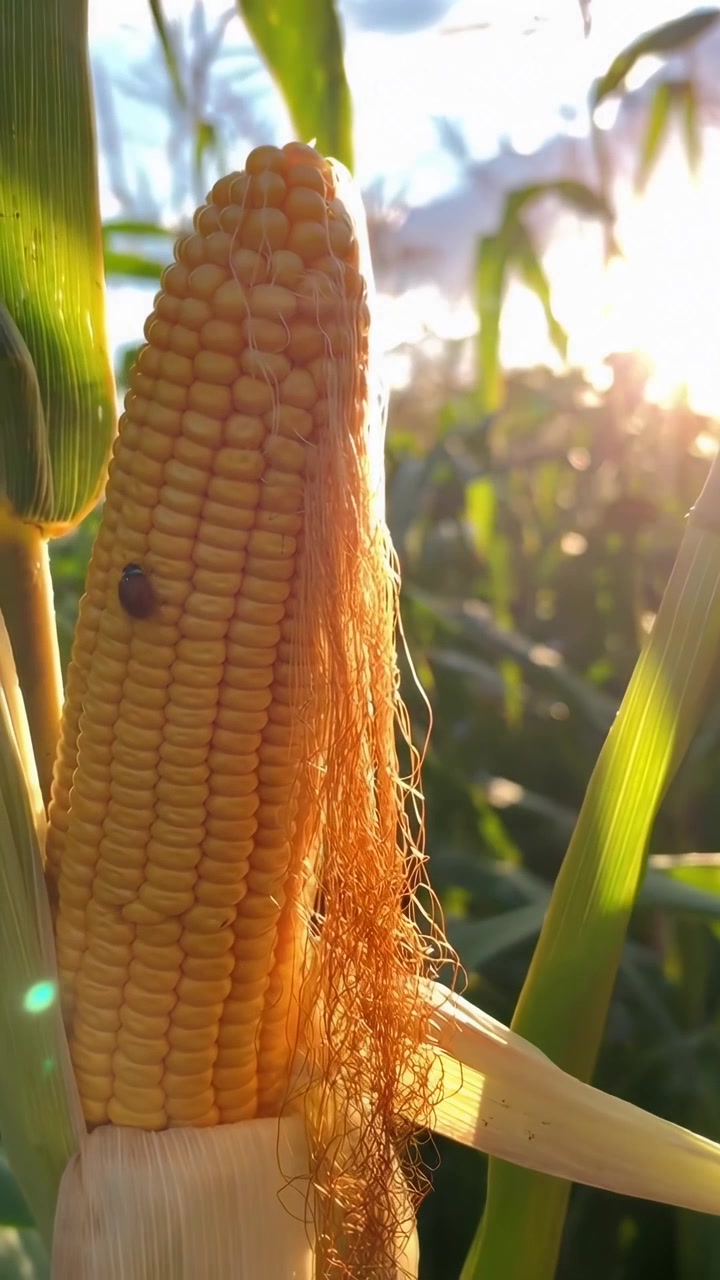 Insetto che striscia su una pannocchia di mais matura in un campo di mais soleggiato.