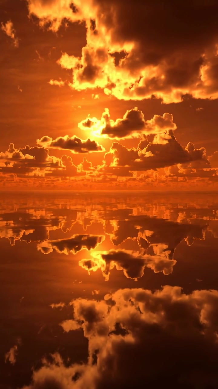 Vertikales Video: Tief stehende Sonne bewegt sich nahe Horizont, bewirkt Wolkenverschiebungen, oranger Himmel spiegelt sich auf ruhigem Meer.