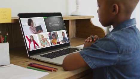 african american boy holding a pencil having a video conference on laptop at home
