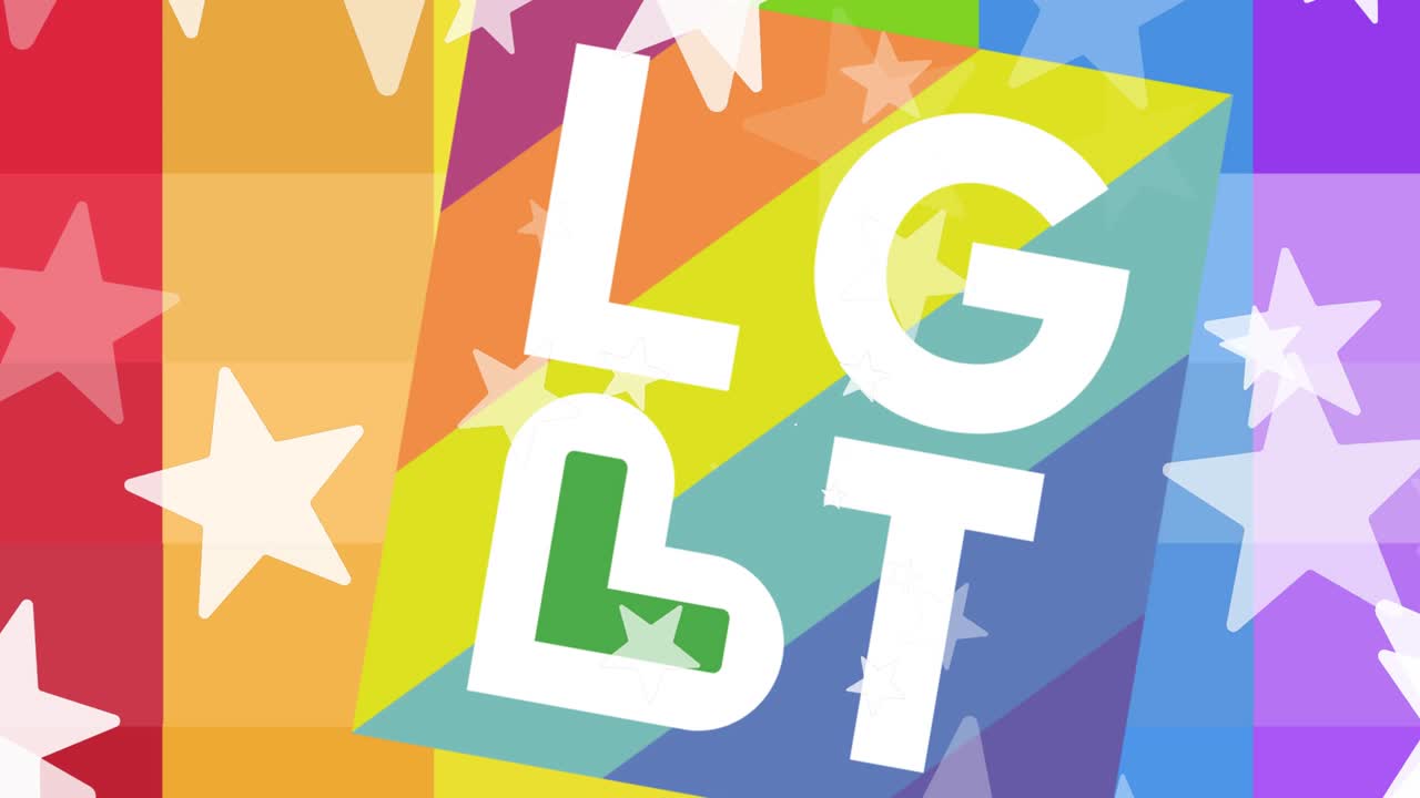 레인보우 배경에 lgbt 텍스트가 있는 별들의 애니메이션