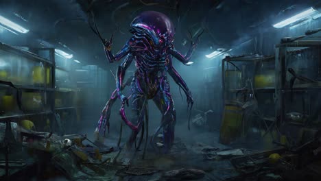 alien creature in a derelict industrial setting
