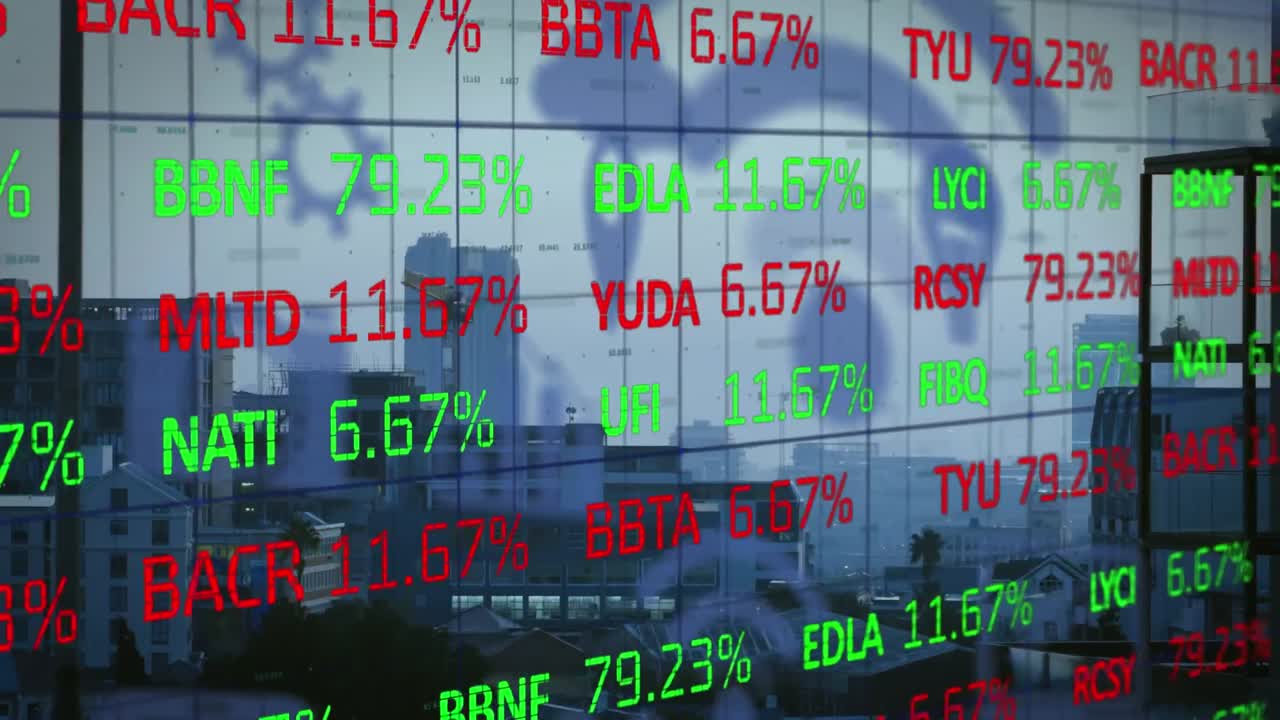 도시 풍경 위의 데이터 처리 애니메이션