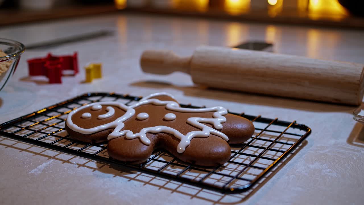 Close-up video shot of a gingerbread cookie on a cooling rack, surrounded by baking tools