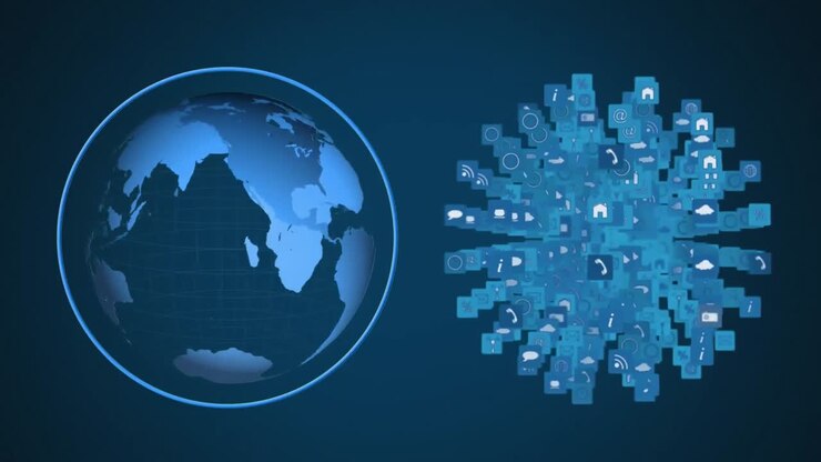 Animation of globe and networks of connections of interface icons