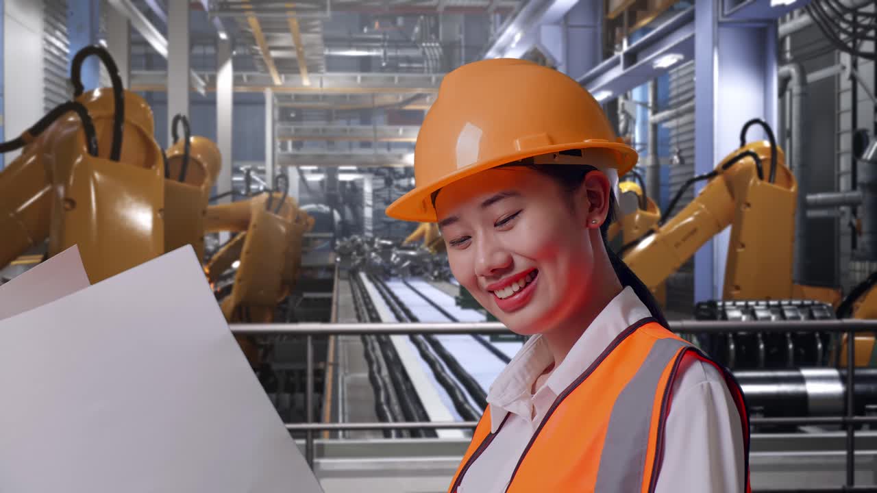 Close Up Side View Of Asian Female Engineer With Safety Helmet Looking At Blueprint In Her Hands While Standing With Industrial Robotic Arms Working