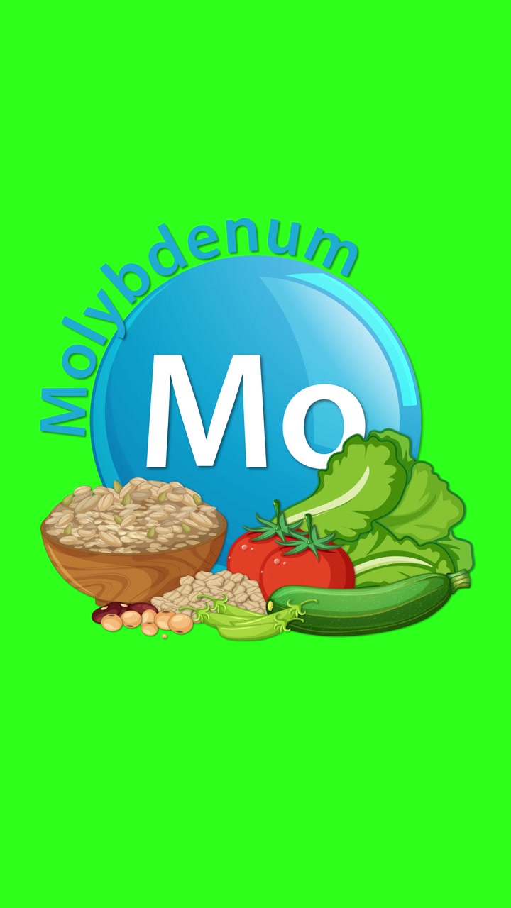 Un'icona blu dell'elemento molibdeno si anima con testo e verdure assortite, cereali e legumi, che si accumulano su uno sfondo vibrante di schermo verde