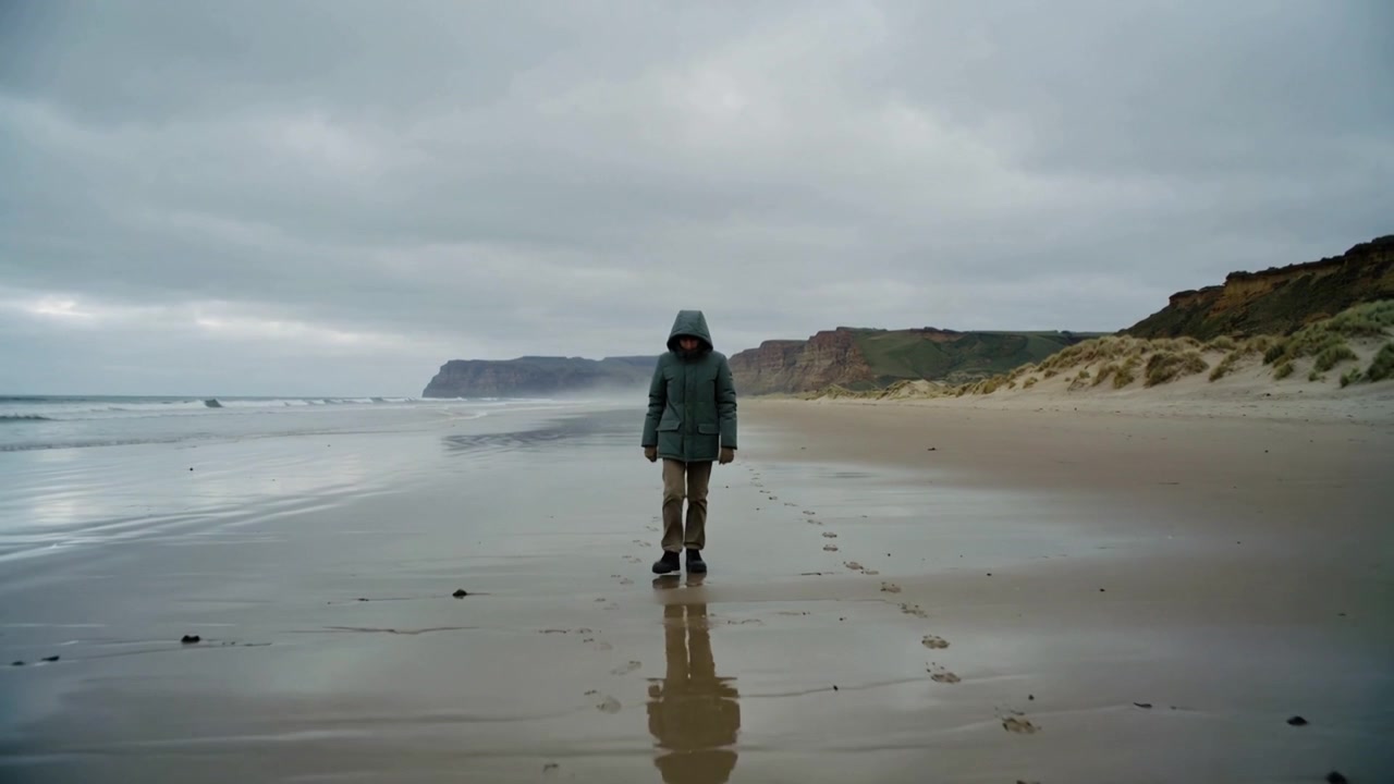 Gående mand i parka og støvler kommer fra højre langs grå strand og efterlader fodspor og spejling