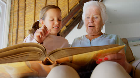 low angle view of caucasian grandmother and granddaughter looking at photo album 4k