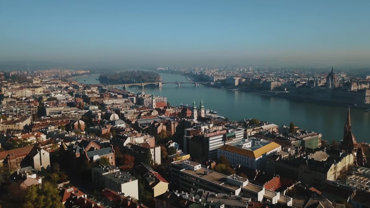 Aerial view of Budapest cityscape and Danube River