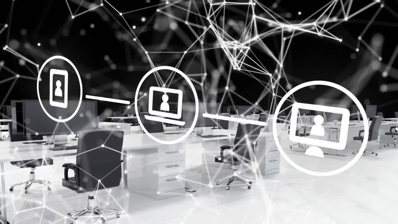 анимация сети соединений с иконками через бизнес-офис