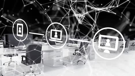animación de la red de conexiones con iconos sobre la oficina de negocios