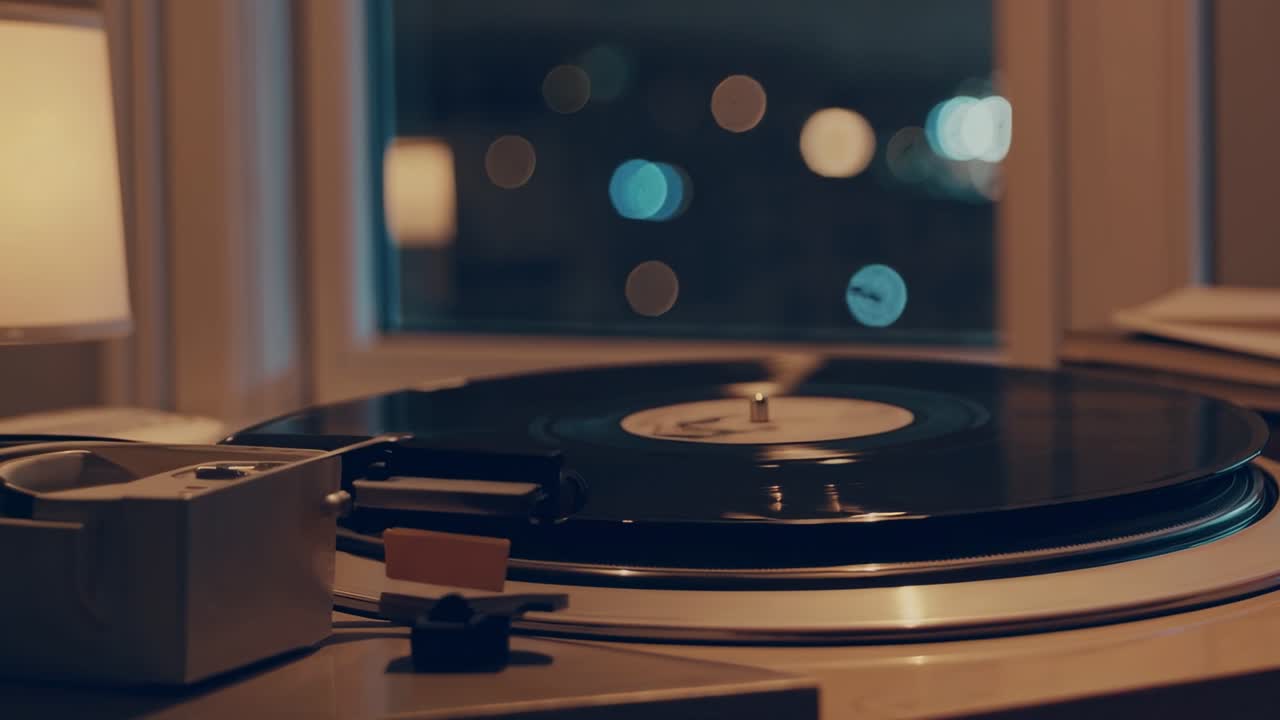 Close-up view of a vinyl record player spinning a record, with soft ambient lighting and blurred city lights visible through the window, creating a cozy atmosphere of music enjoyment