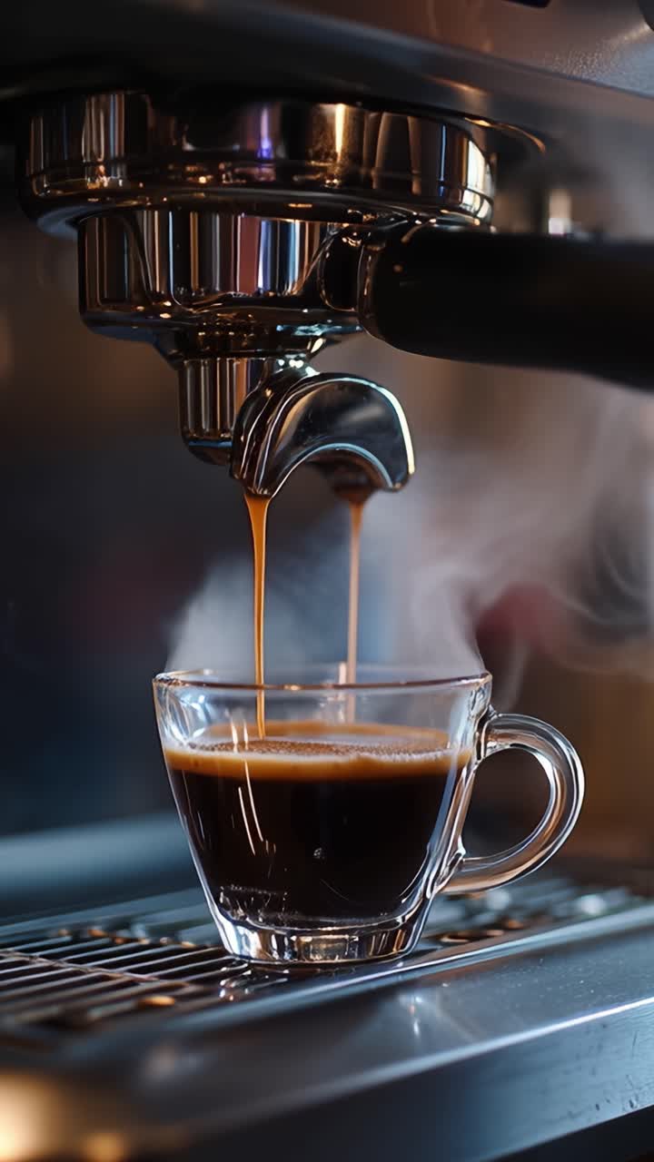 Una taza de espresso humeante preparándose en una cafetera: Un viaje cautivador desde la extracción hasta la perfección en dos impresionantes tomas.
