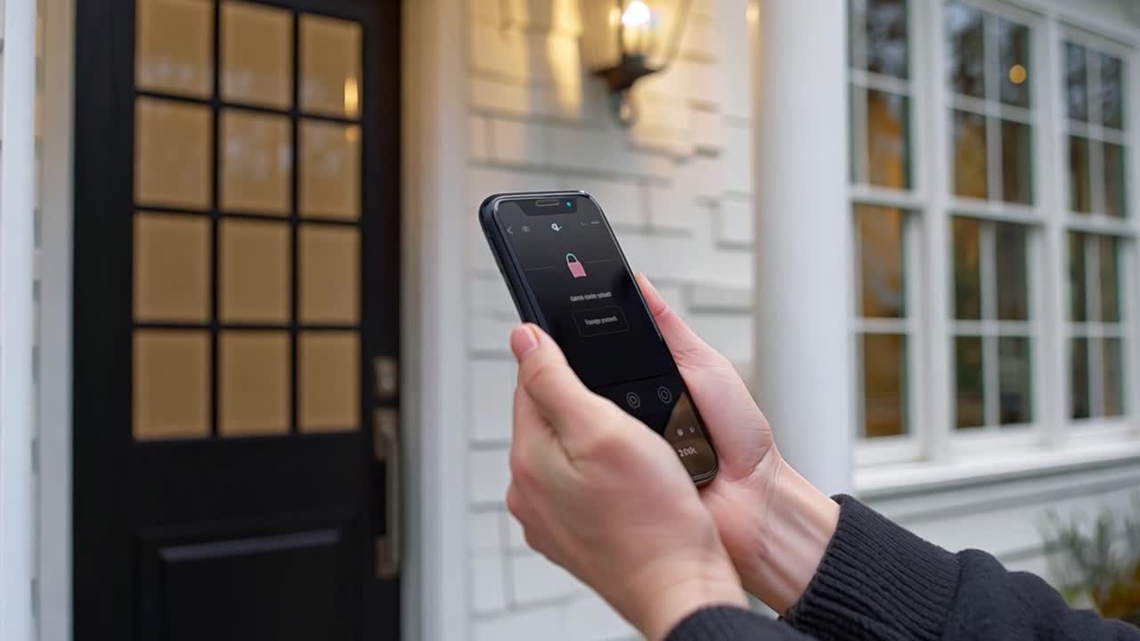Smartphone controlando la cerradura inteligente de la puerta de casa
